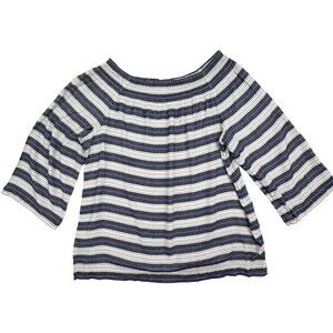 J Jill Smocked Linen Blend Top Off Shoulder Coastal Blue Stripe Weekend Beach L